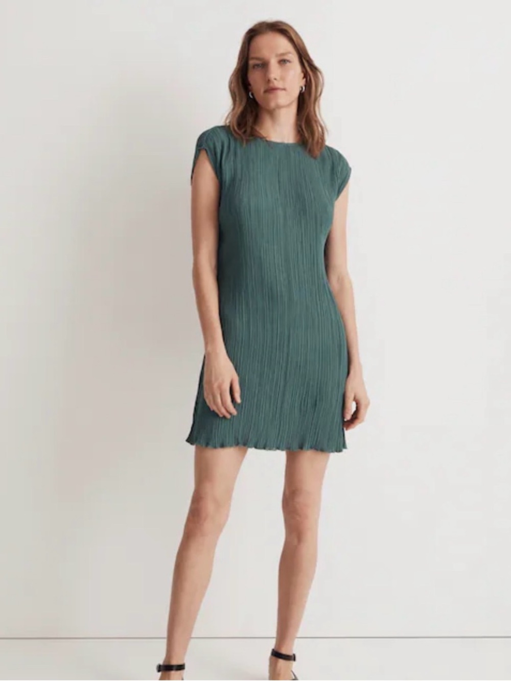 Madewell Plisse MicroPleated Shift Dress Spruce Green | Size 10